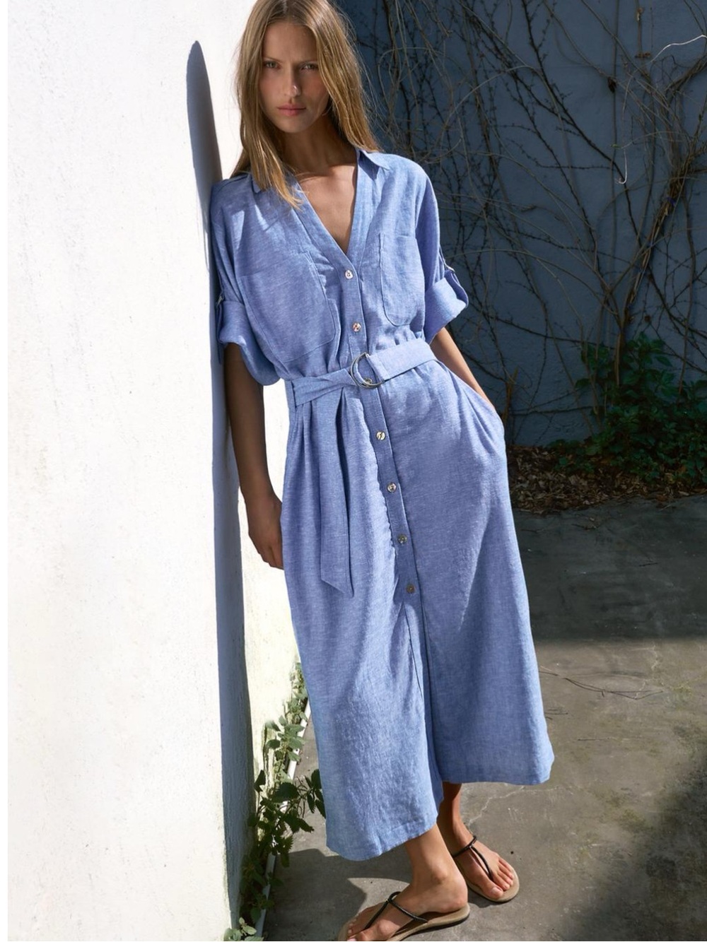 Zara Blue Linen Blend Belted Dress